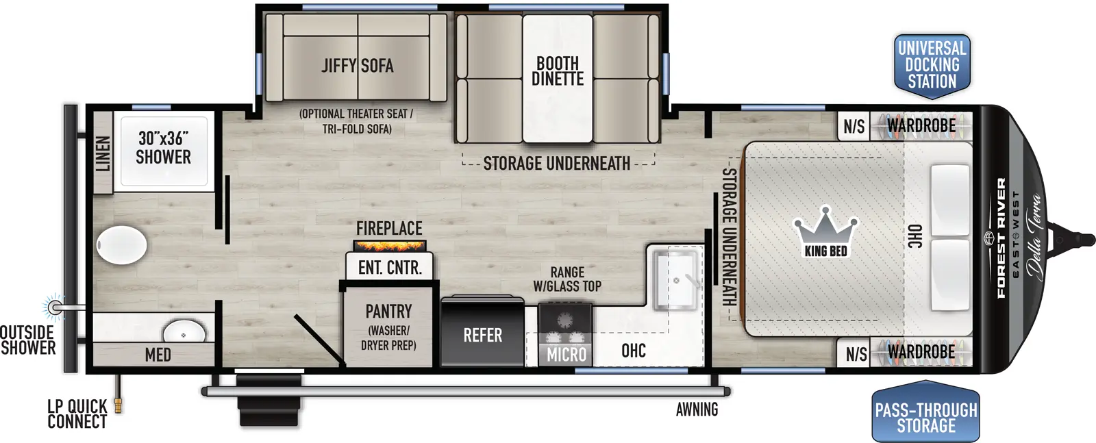 The Della Terra 261RB floorplan has one entry and one slide out. Exterior features include: metal exterior. Interiors features include: front bedroom and rear bathroom.